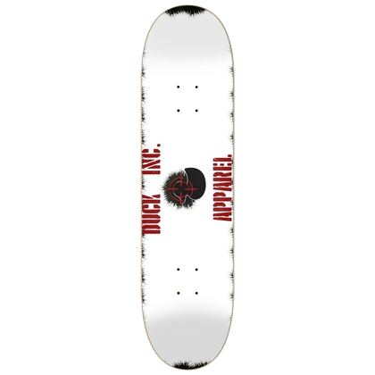 Skateboard deck with visible branding on a white background
