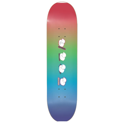 Skateboard deck with a colorful gradient and cartoon character design on a white background